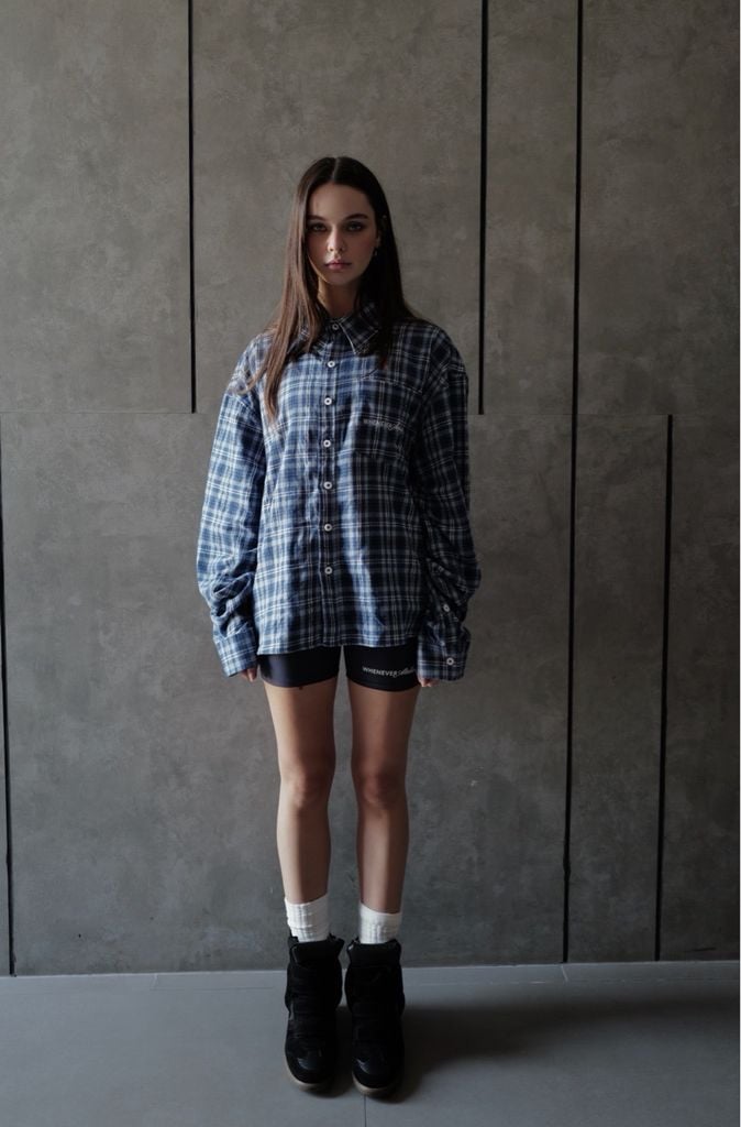 "WHENEVER" FLANNEL PLAID LONG-SLEEVE SHIRT / BLUE