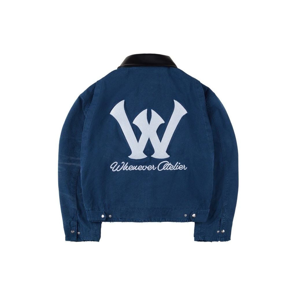 "WHENEVER" LEATHER-COLLAR DENIM JACKET / NAVY