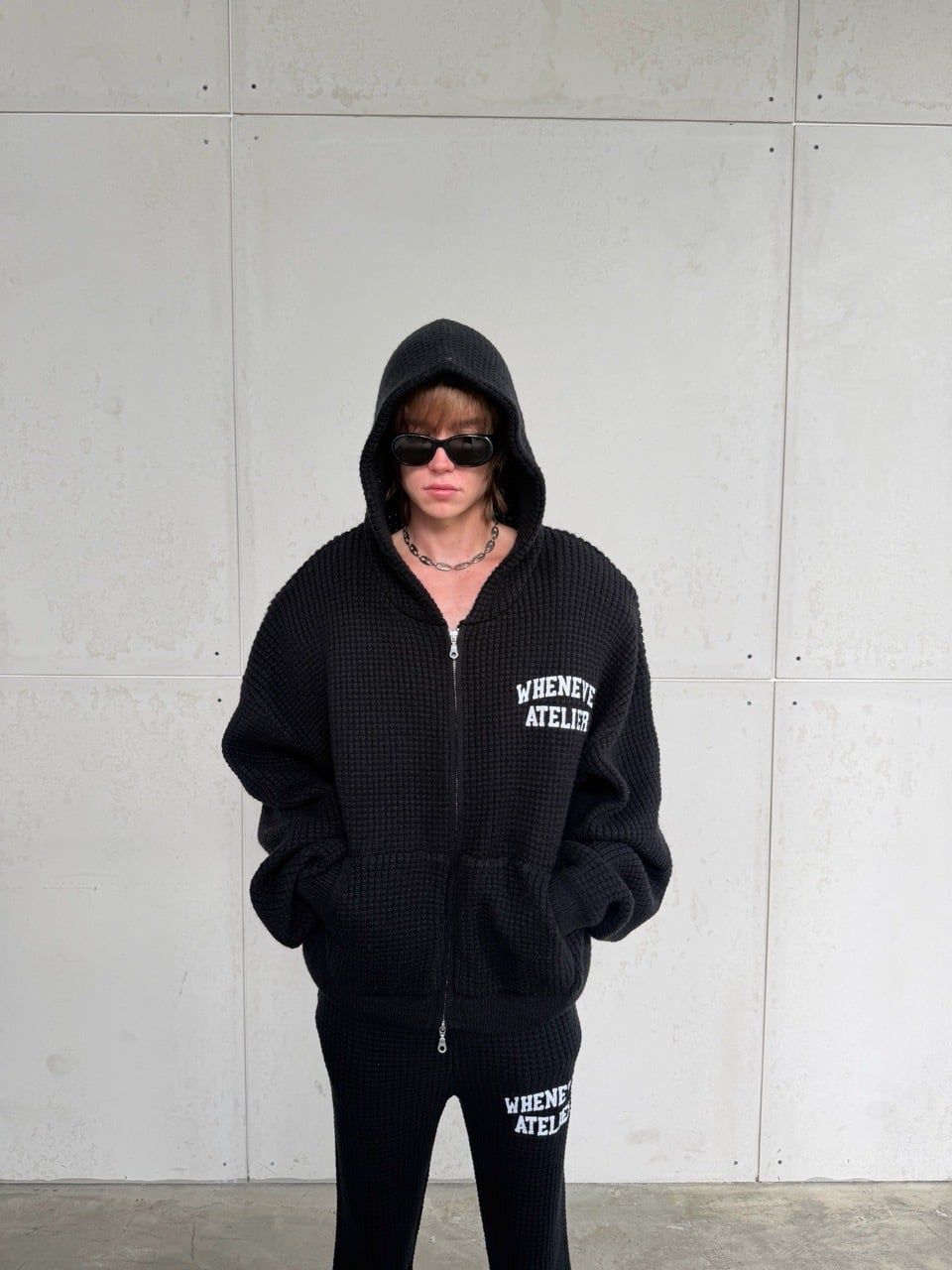 ÁO HOODIE DỆT LEN CÓ MŨ KÉO KHÓA "WHENEVER" GRAND WAFFLE ZIP HOODIE/ BLACK