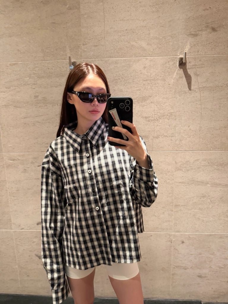 "WHENEVER" FLANNEL PLAID LONG-SLEEVE SHIRT / BLACK
