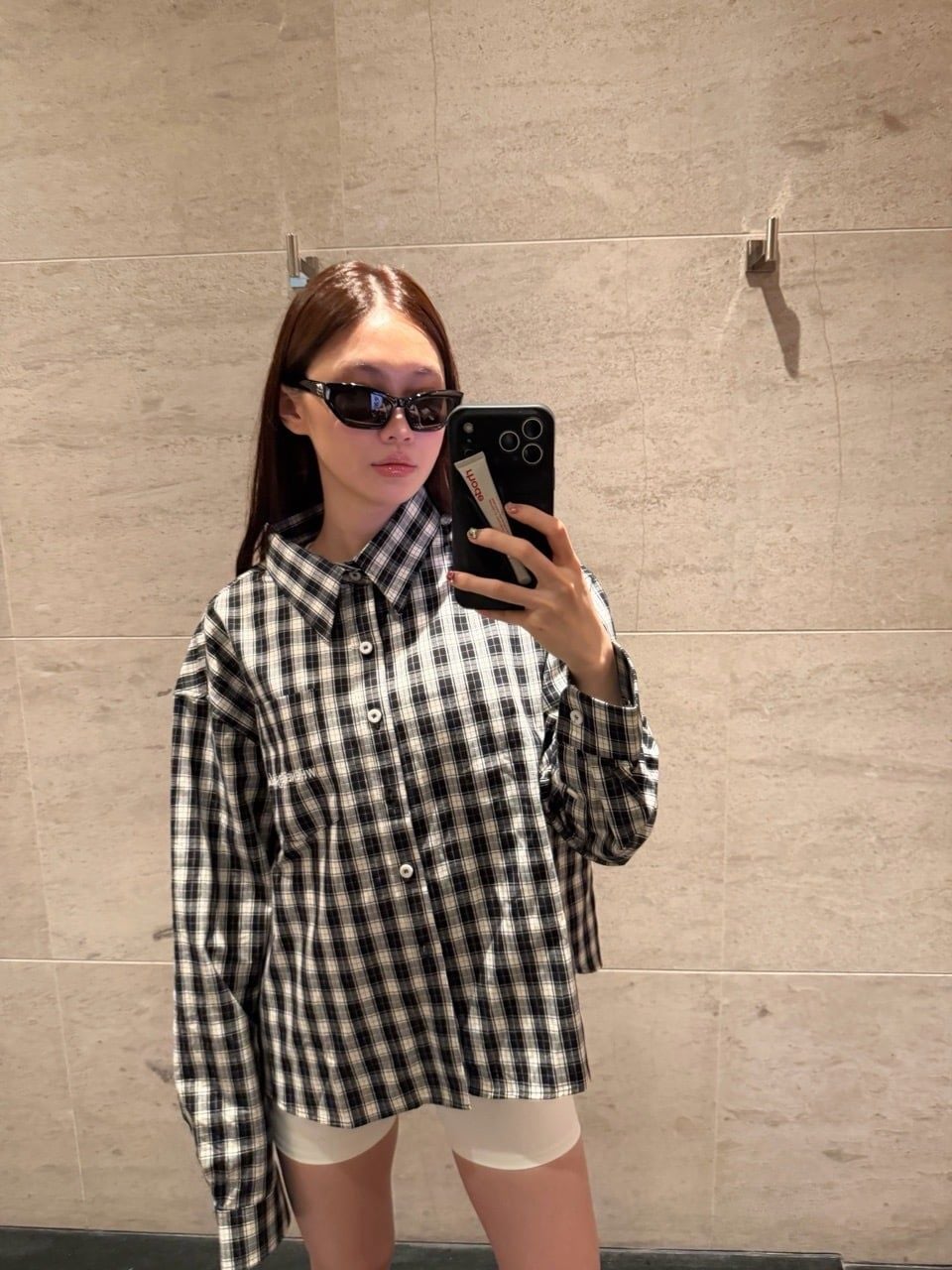 "WHENEVER" FLANNEL PLAID LONG-SLEEVE SHIRT / BLACK