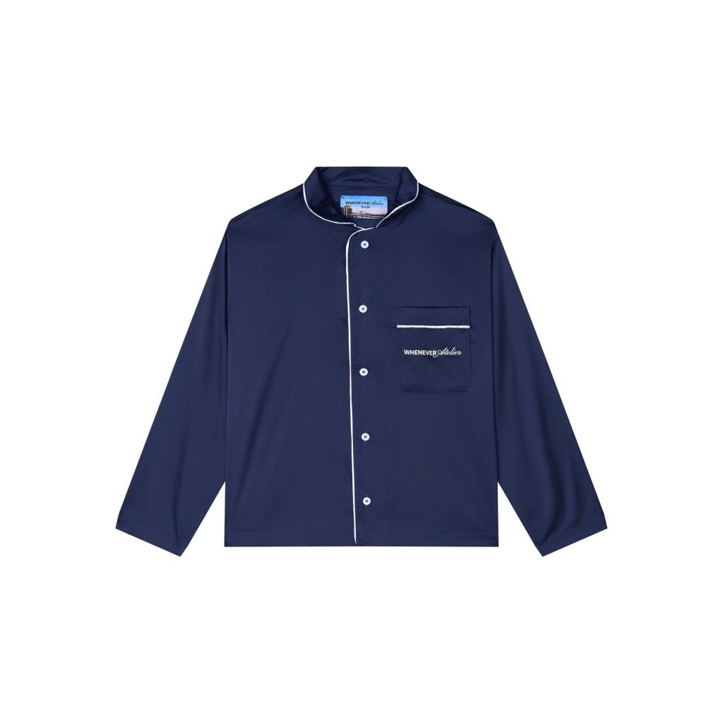 "WHENEVER" BỘ ÁO VÀ QUẦN DÀI SATIN LONG PAJAMA SHIRT + PANTS  / NAVY