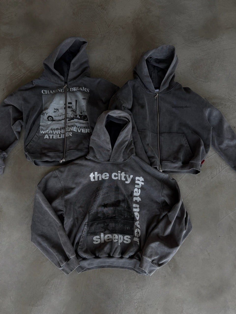 ÁO KHOÁC "WHENEVER" CITY NEVER SLEEPS WASHED HOODIE/ VINTAGE GREY