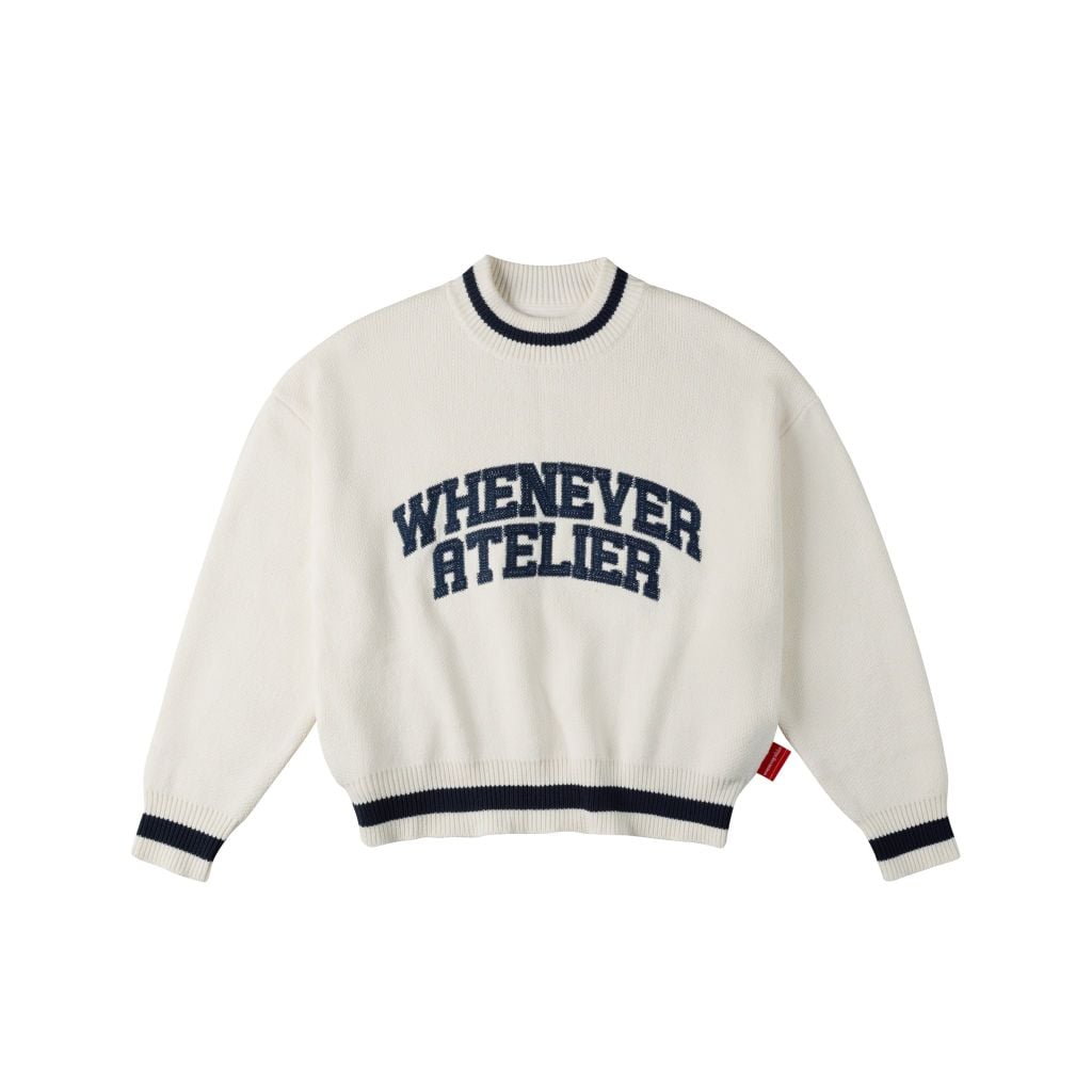 “WHENEVER” BASIC LOGO KNIT SWEATER / WHITE NAVY
