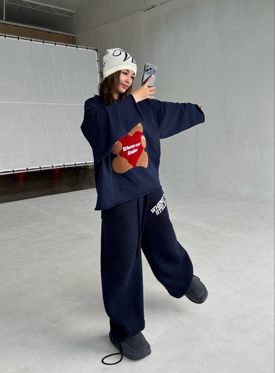 “WHENEVER” BEAR LONG SLEEVES T-SHIRT / NAVY