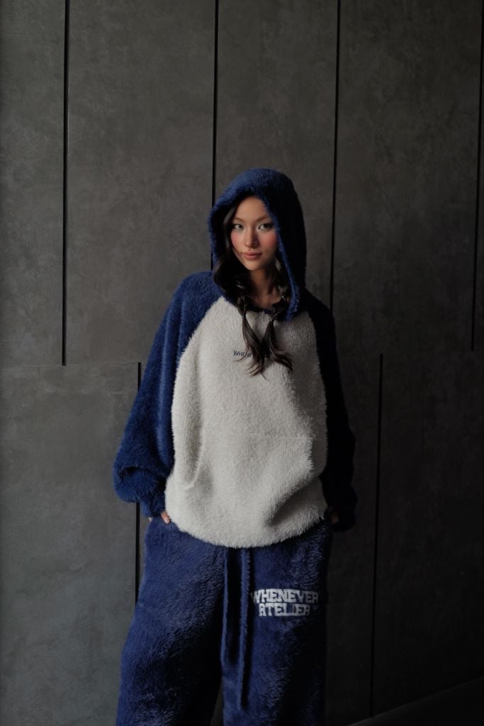 “WHENEVER” COZY FOX RAGLAN HOODIE / GREY NAVY
