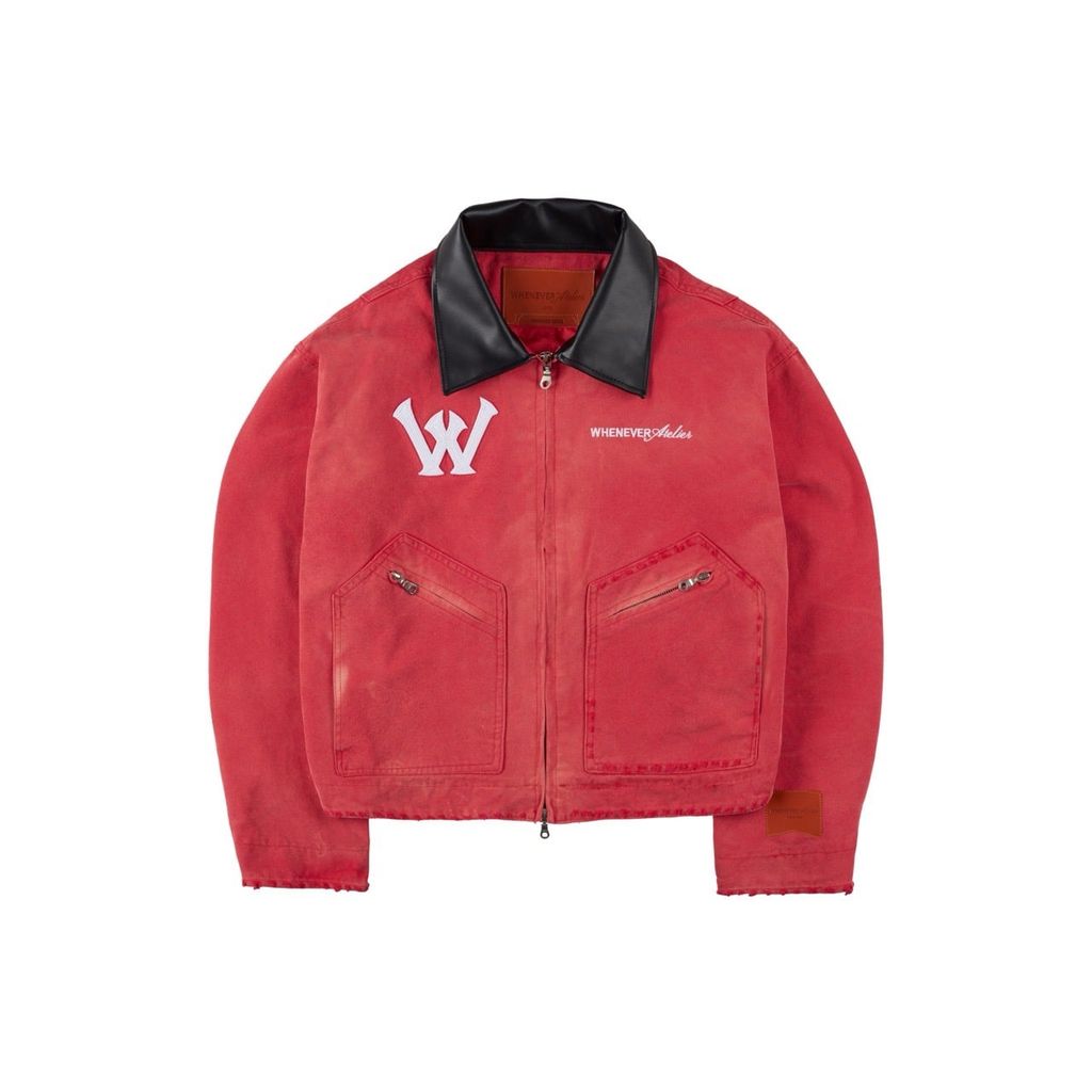 "WHENEVER" LEATHER-COLLAR DENIM JACKET / RED