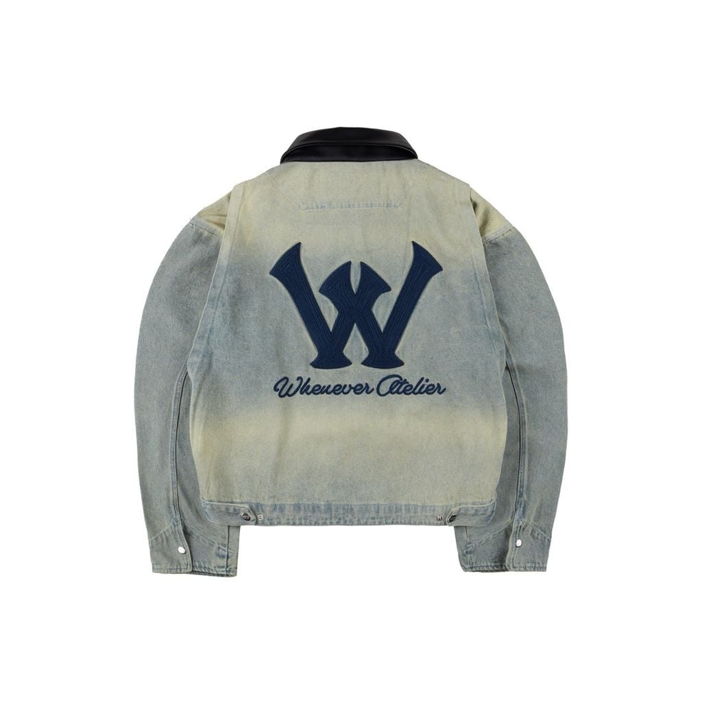 "WHENEVER" LEATHER-COLLAR DENIM JACKET / WASH BLUE