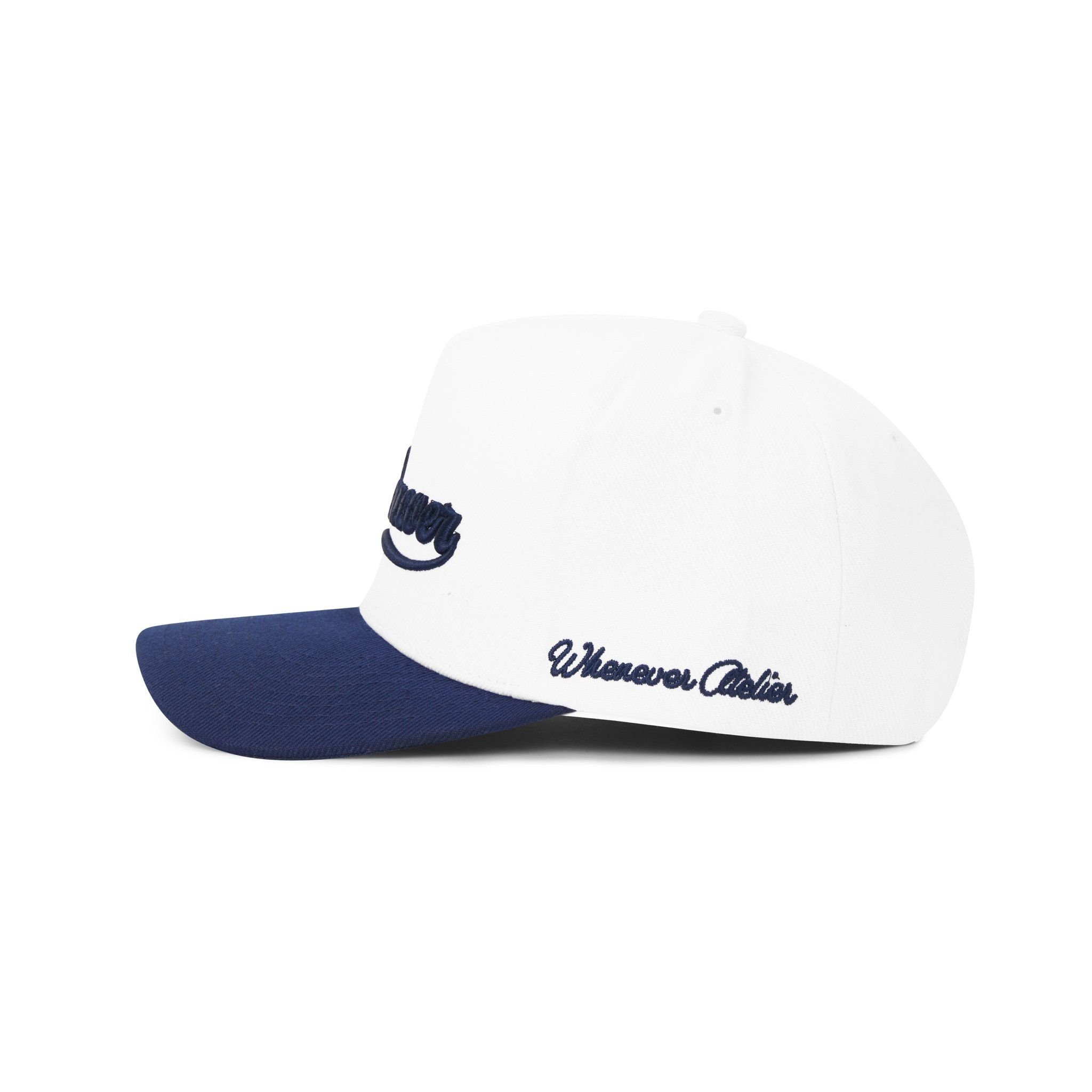 “WHENEVER”  LOGO KHAKI TRUCKER HAT / WHITE NAVY