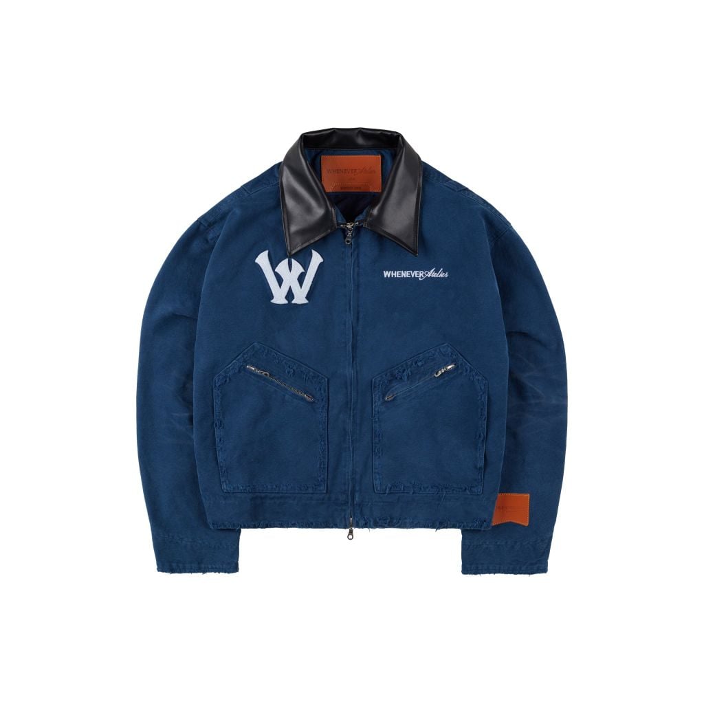 "WHENEVER" LEATHER-COLLAR DENIM JACKET / NAVY