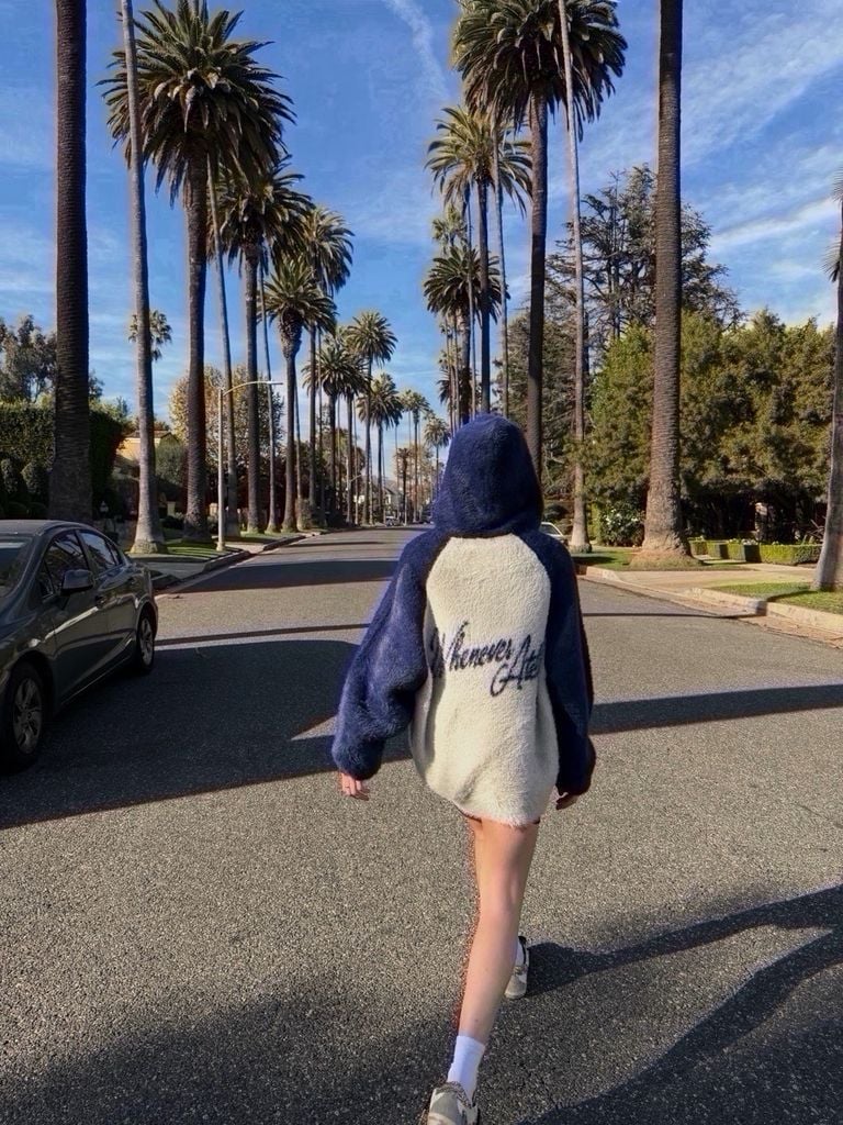 “WHENEVER” COZY FOX RAGLAN HOODIE / GREY NAVY