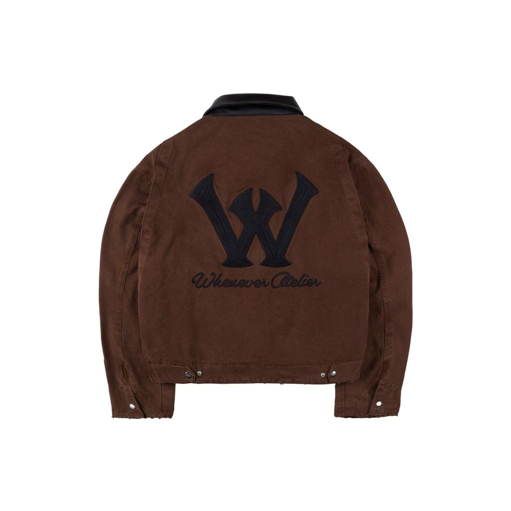 "WHENEVER" LEATHER-COLLAR DENIM JACKET / BROWN