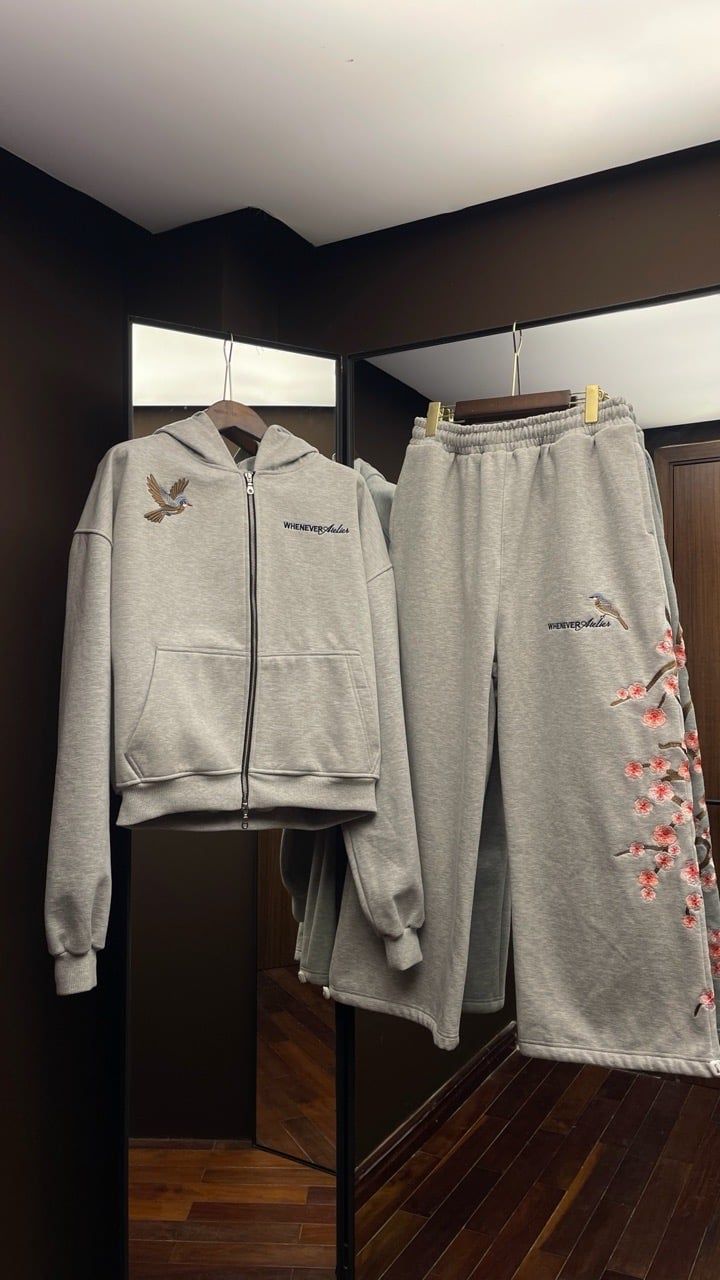 ÁO KHOÁC “WHENEVER” SAKURA EMBROIDERED ZIP-UP HOODIE/ GREY