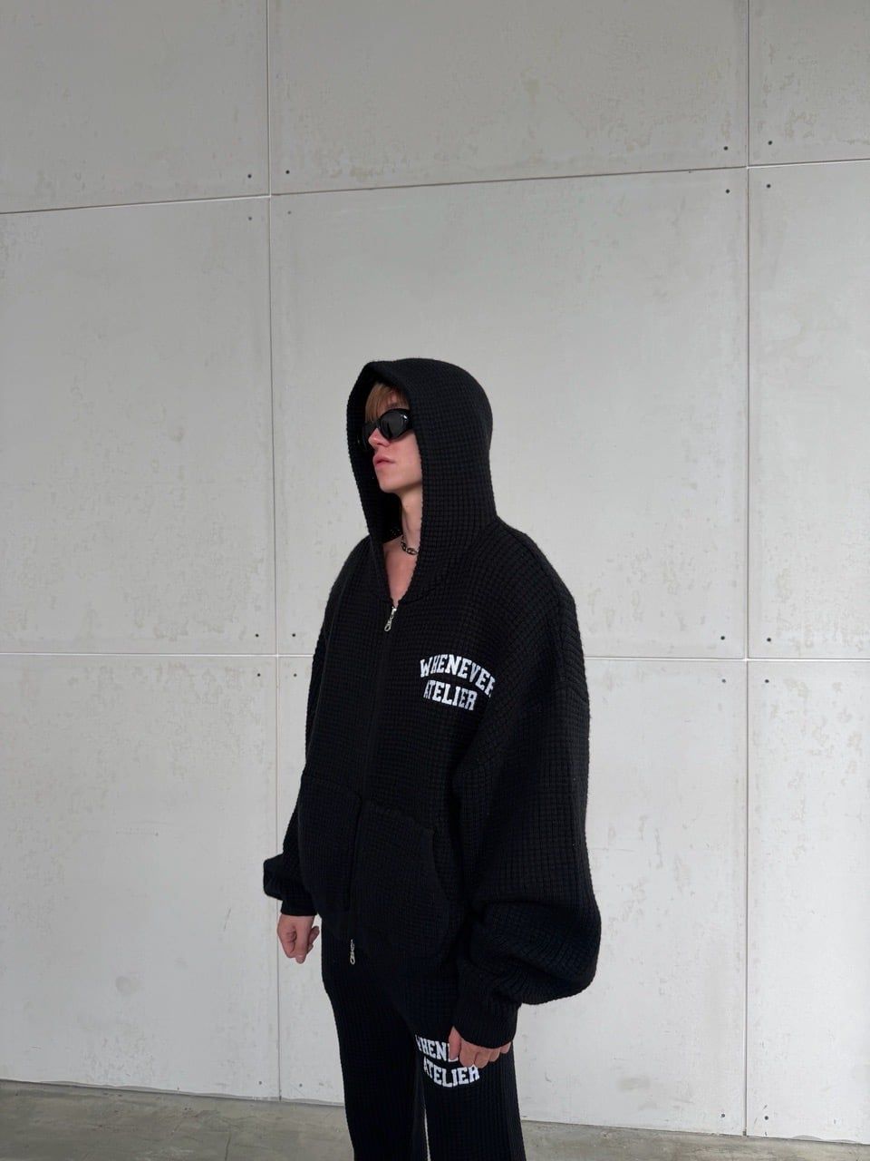 ÁO HOODIE DỆT LEN CÓ MŨ KÉO KHÓA "WHENEVER" GRAND WAFFLE ZIP HOODIE/ BLACK