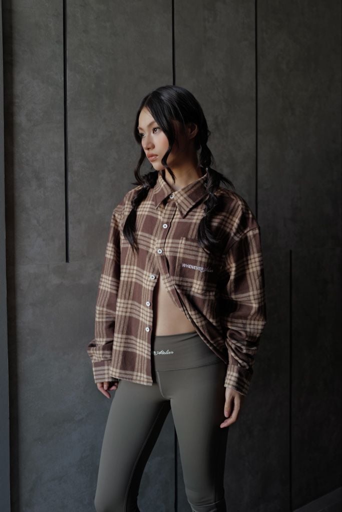 "WHENEVER" FLANNEL PLAID LONG-SLEEVE SHIRT / BROWN