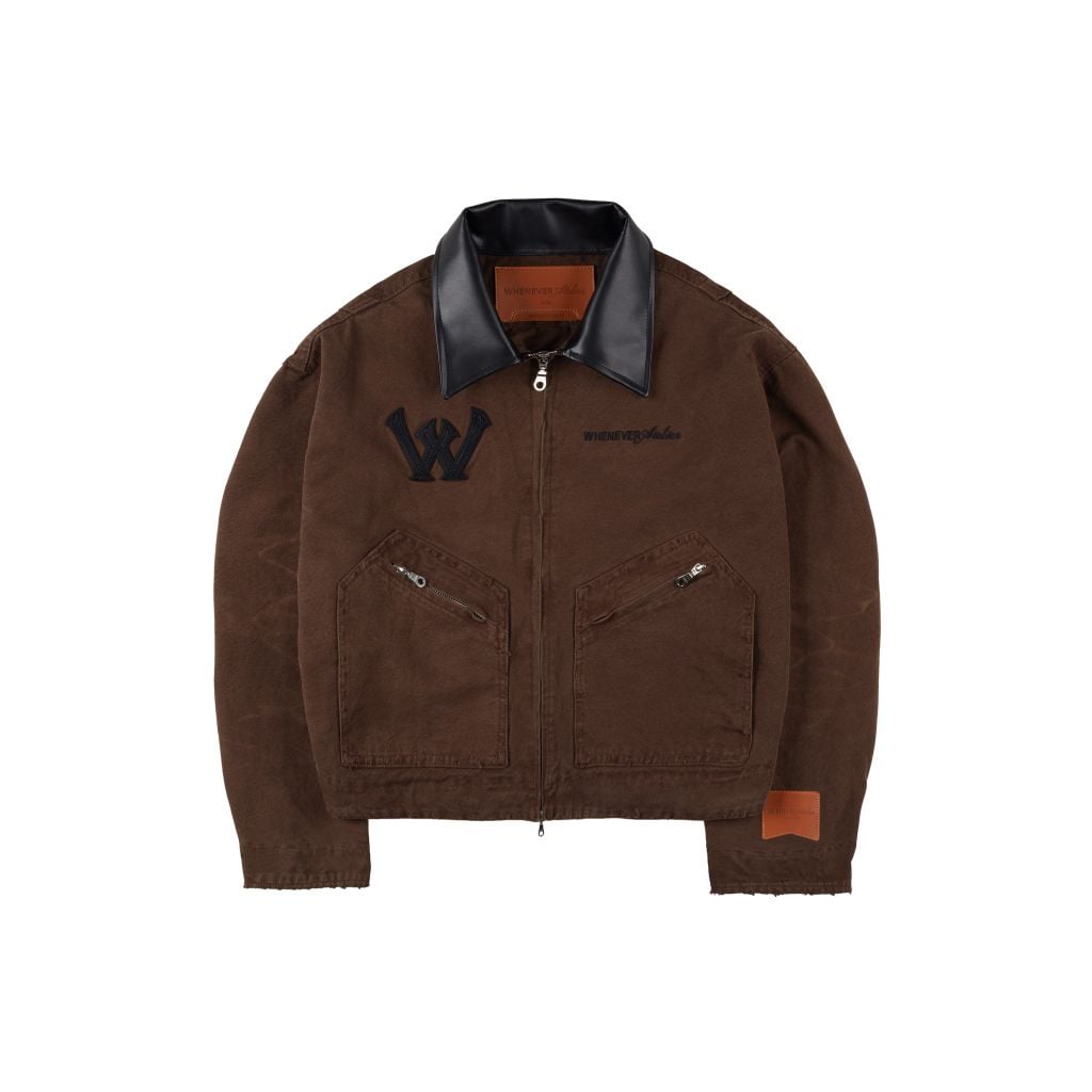 "WHENEVER" LEATHER-COLLAR DENIM JACKET / BROWN