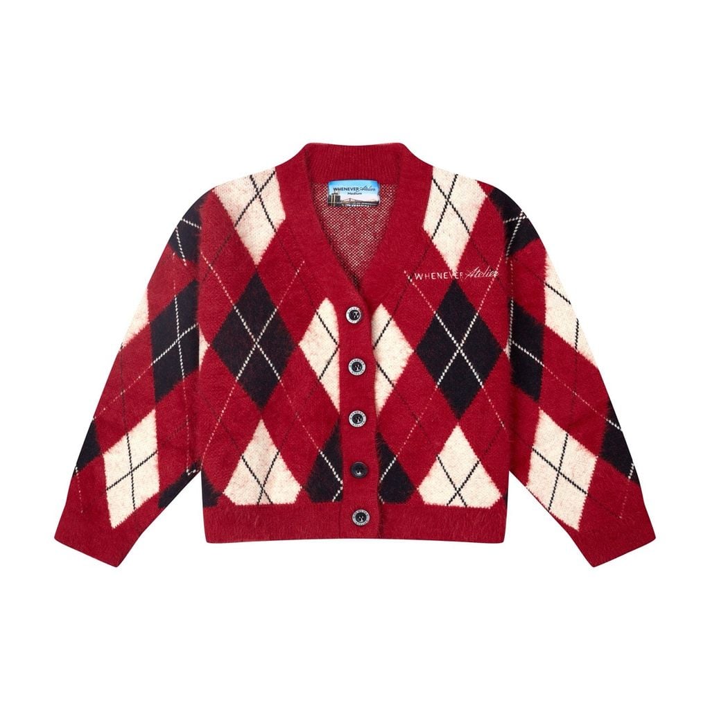 “WHENEVER” COZY PLAID KNIT CARDIGAN / RED