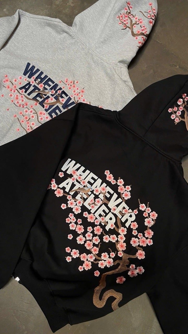 ÁO KHOÁC “WHENEVER” SAKURA EMBROIDERED ZIP-UP HOODIE/ BLACK
