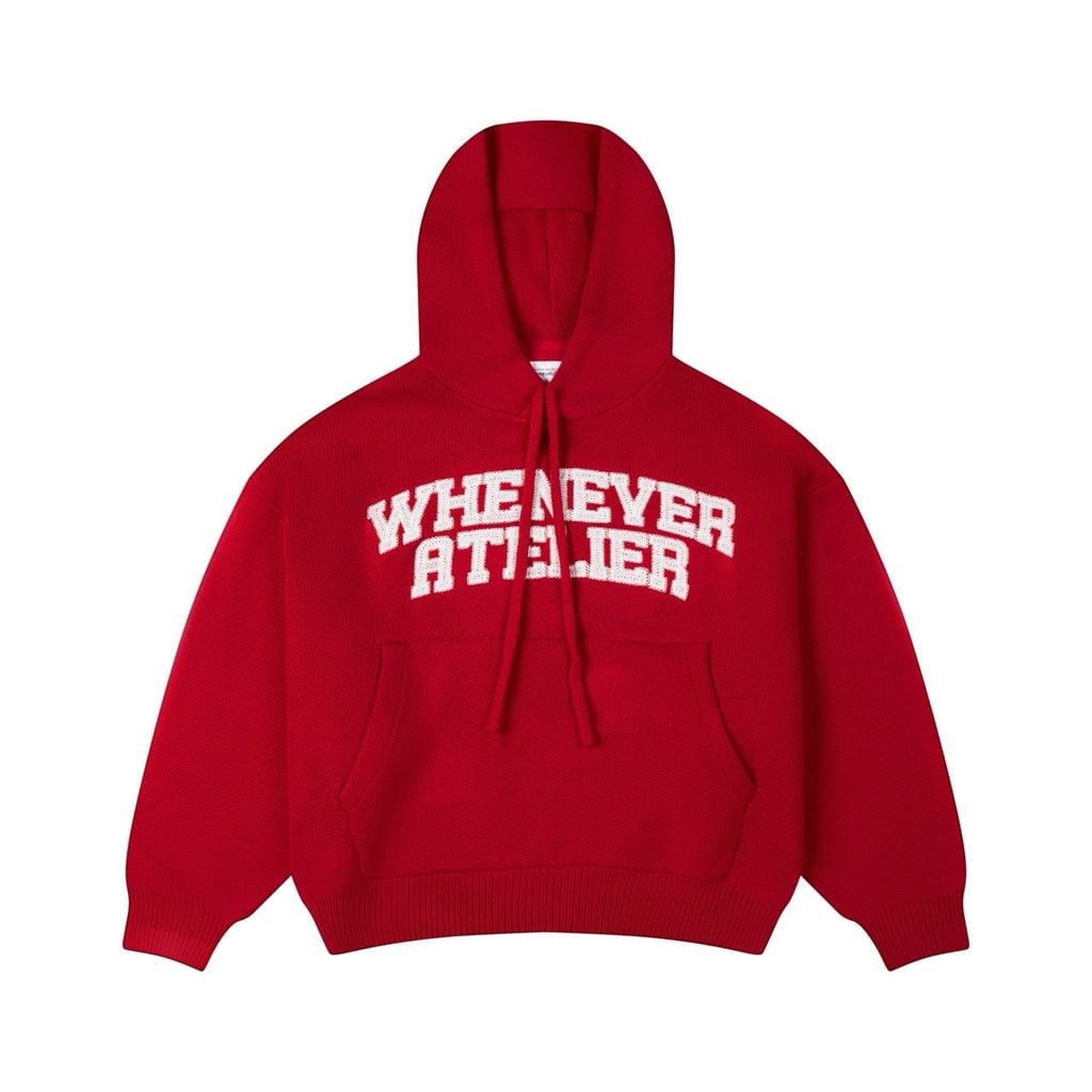 “WHENEVER” BASIC LOGO KNIT HOODIE / RED