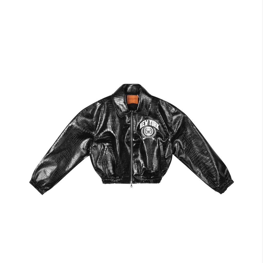 "WHENEVER" EMBROIDERED LEATHER JACKET / BLACK