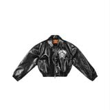 "WHENEVER" EMBROIDERED LEATHER JACKET / BLACK