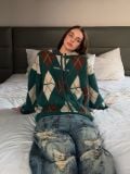 “WHENEVER” COZY PLAID KNIT HOODIE / GREEN