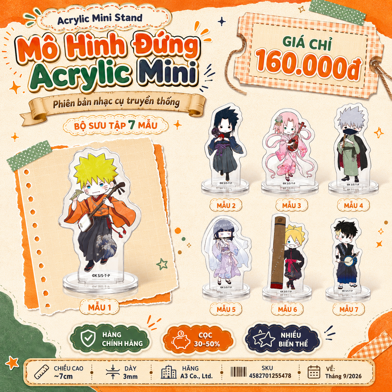 Mô hình đứng Acrylic mini Naruto và Boruto phiên bản nhạc cụ