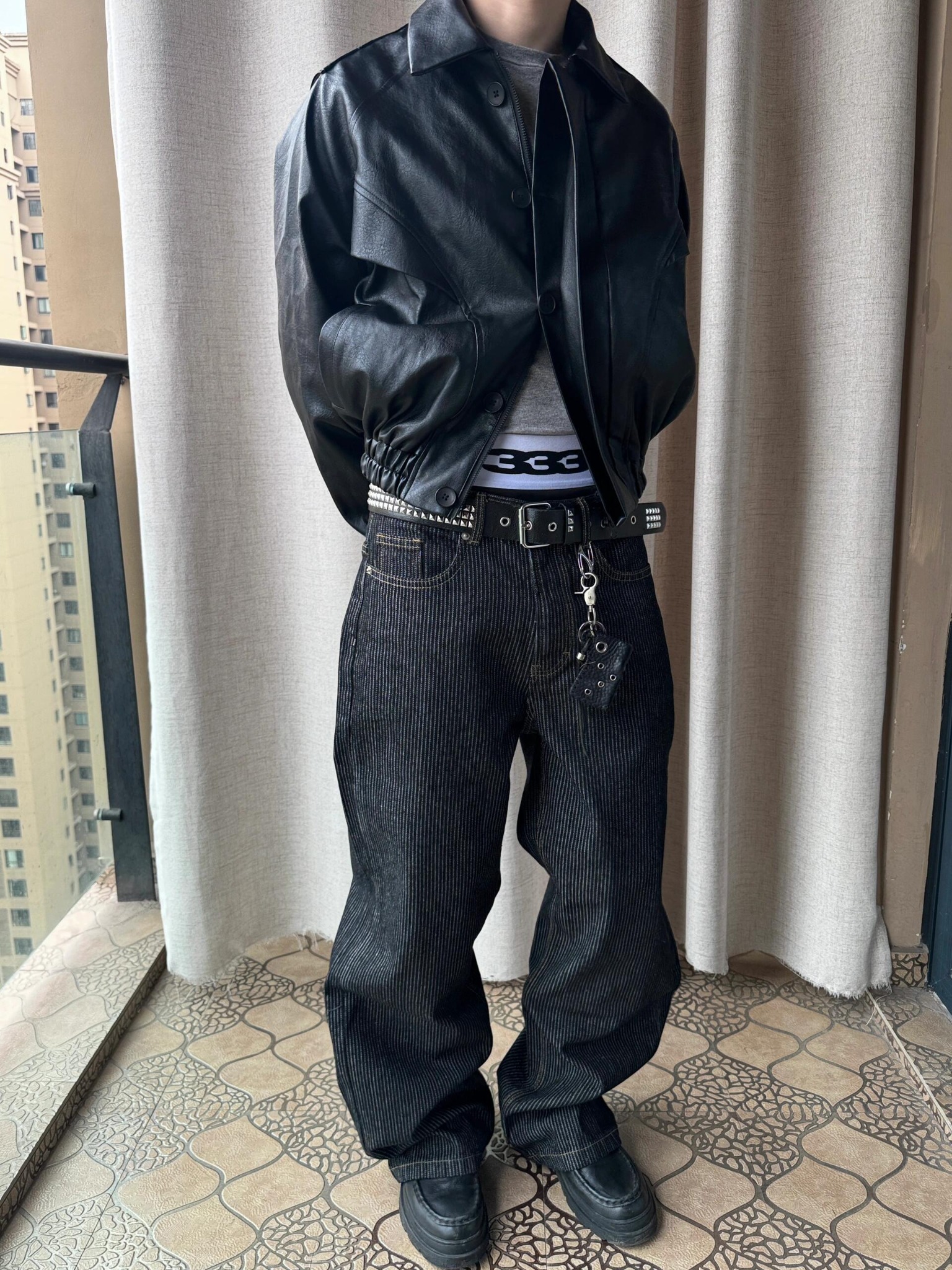  Striped Raw Denim Straight Leg Trousers 