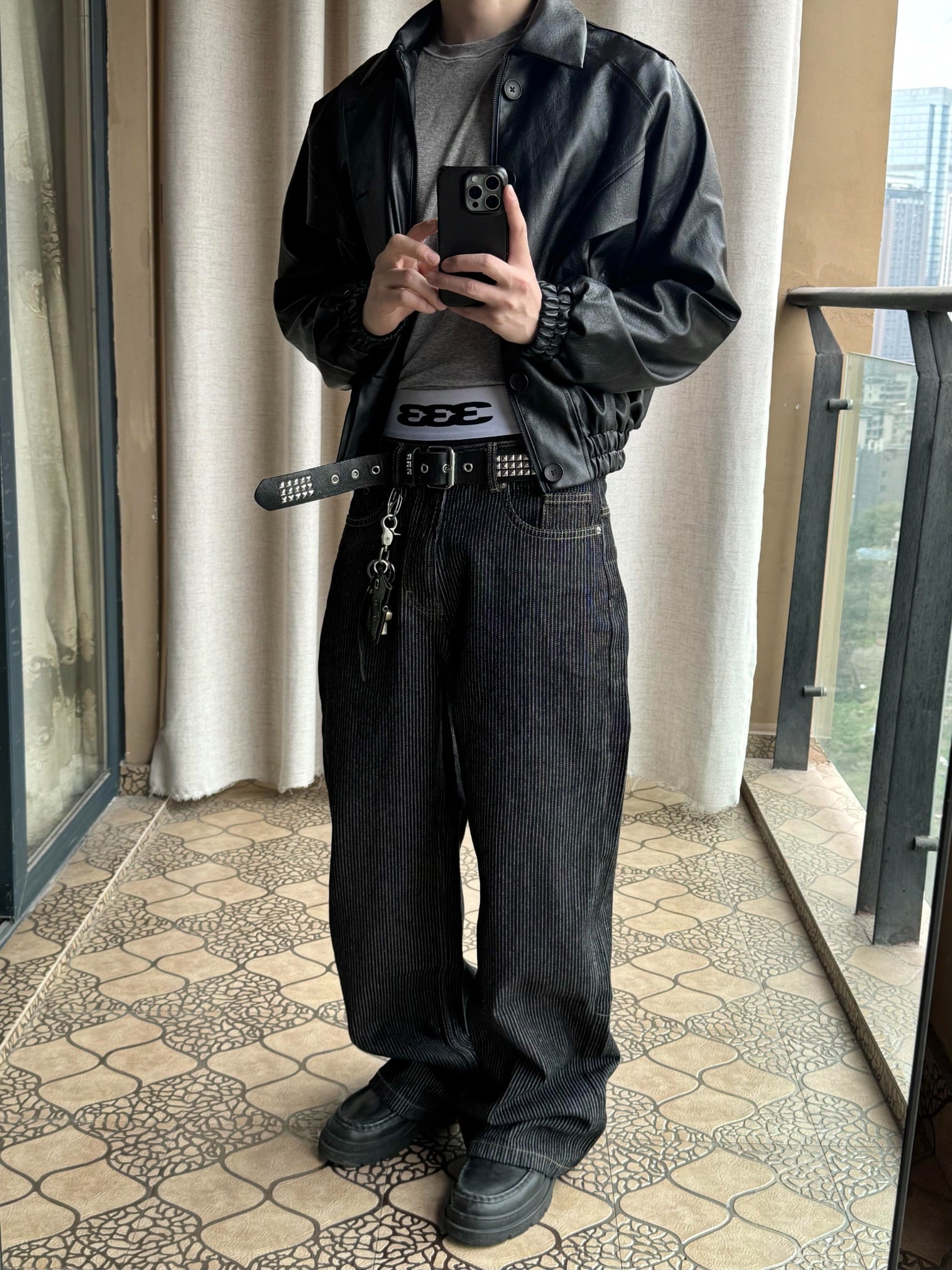  Striped Raw Denim Straight Leg Trousers 