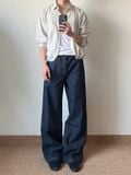  Striped Raw Denim Straight Leg Trousers 