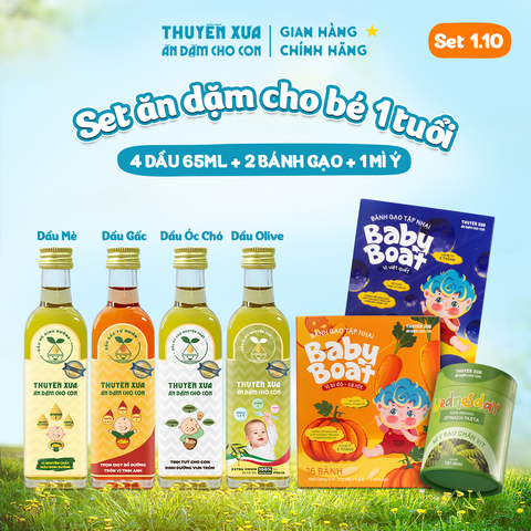 [SET ĂN DẶM 1Y+] 4 Dầu: Mè - Gấc - Óc Chó - Olive + 2 Bánh Gạo: Bí Đỏ - Cà Rốt, Việt Quất + 1 Mì Ý Rau Chân Vịt