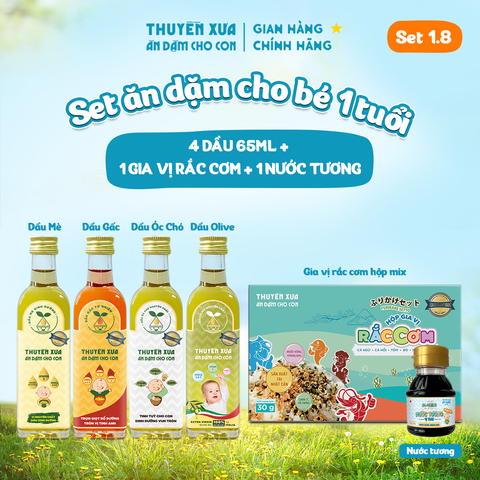 [SET ĂN DẶM 1Y+] 4 Dầu: Mè - Gấc - Óc Chó - Olive + Rắc Cơm Mix Vị + Nước Tương