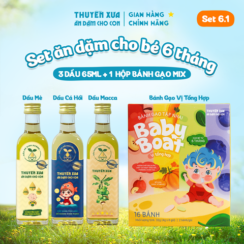 [SET ĂN DẶM 6M+] 3 Dầu: Mè - Cá Hồi - Macca + 1 Bánh gạo vị Tổng Hợp