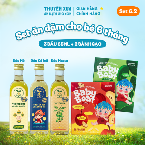 [SET ĂN DẶM 6M+] 3 Dầu: Mè - Cá Hồi - Macca +2 Bánh gạo: Táo, Rau Bina