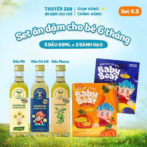 [SET ĂN DẶM 6M+] 3 Dầu: Mè - Cá Hồi - Macca +2 Bánh gạo: Bí Đỏ - Cà Rốt, Việt Quất