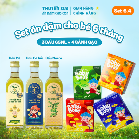 [SET ĂN DẶM 6M+] 3 Dầu: Mè - Cá Hồi - Macca +4 Bánh gạo: Bí Đỏ-Cà Rốt, Việt Quất, Táo, Rau Bina