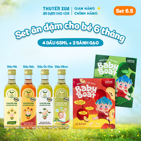 [SET ĂN DẶM 6M+] 4 Dầu: Mè - Gấc - Óc Chó - Olive + 2 Bánh Gạo: Táo, Rau Bina