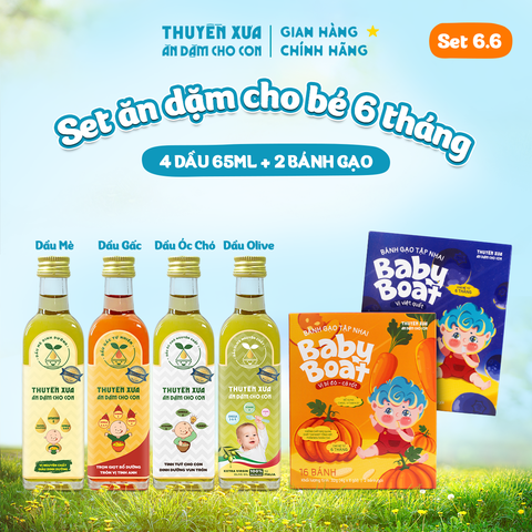 [SET ĂN DẶM 6M+] 4 Dầu: Mè - Gấc - Óc Chó - Olive + 2 Bánh Gạo: Bí Đỏ - Cà Rốt, Việt Quất