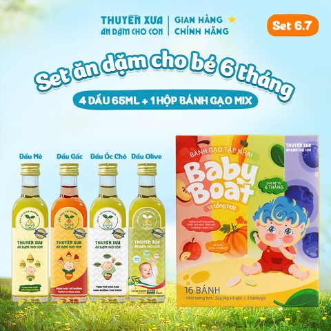 [SET ĂN DẶM 6M+] 4 Dầu: Mè - Gấc - Óc Chó - Olive + 1 Bánh gạo vị Tổng Hợp