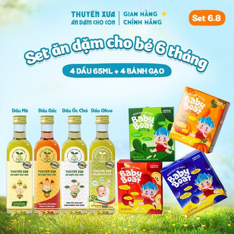 [SET ĂN DẶM 6M+] 4 Dầu: Mè - Gấc - Óc Chó - Olive + 4 Bánh Gạo: Táo, Rau Bina, Bí Đỏ- Cà Rốt, Việt Quất