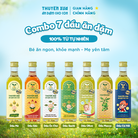 [COMBO 7] Dầu Mè - Gấc - Óc Chó - Sachi - Olive - Macca - Cá Hồi Ăn Dặm Thuyền Xưa - 65ml