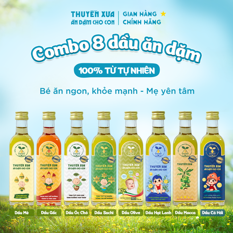 [COMBO 8] Dầu Mè - Gấc - Óc Chó - Sachi - Olive - Hạt Lanh - Macca - Cá Hồi Ăn Dặm Thuyền Xưa - 65ml