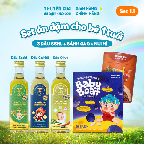 [SET ĂN DẶM 1Y+] 3 Dầu: Cá Hồi - Olive - Sachi + Nui Gạo Lứt + Bánh Gạo Việt Quất