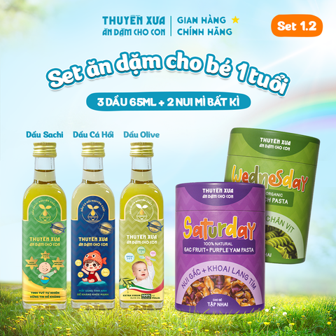 [SET ĂN DẶM 1Y+] 3 Dầu: Cá Hồi - Olive - Sachi + 2 Nui: Gấc, Rau Chân Vịt