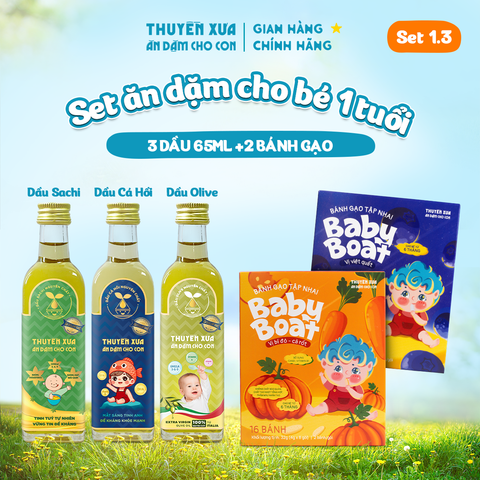 [SET ĂN DẶM 1Y+] 3 Dầu: Cá Hồi - Olive - Sachi + 2 Bánh Gạo: Bí Đỏ-Cà Rốt, Việt Quất