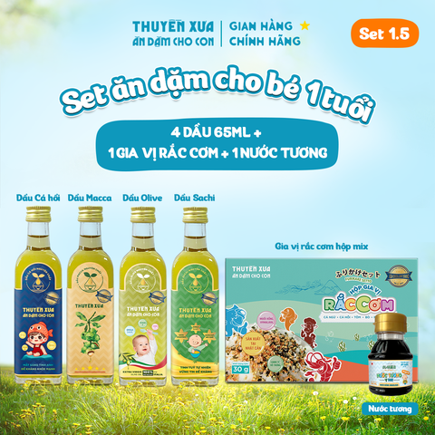 [SET ĂN DẶM 1Y+] 4 Dầu: Cá Hồi - Macca - Olive - Sachi + Rắc Cơm Mix Vị + Nước Tương
