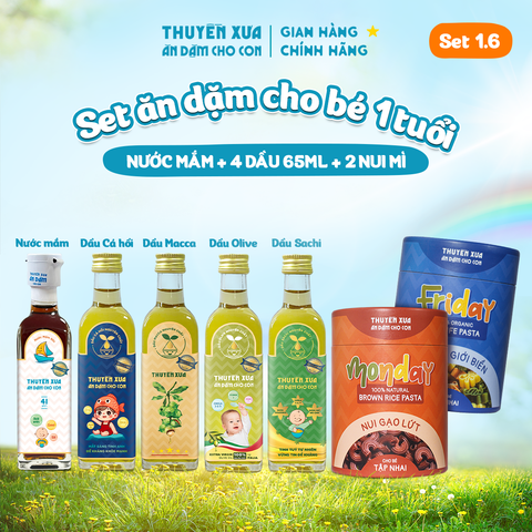 [SET ĂN DẶM 1Y+] 4 Dầu: Cá Hồi - Macca - Olive - Sachi + Nước mắm 41N + 2 Nui: Gạo Lứt, Thế Giới Biển
