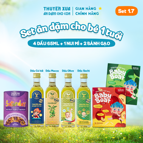 [SET ĂN DẶM 1Y+] 4 Dầu: Cá Hồi - Macca - Olive - Sachi + Nui Gấc + 2 Bánh gạo: Táo, Rau Bina