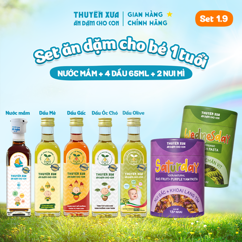 [SET ĂN DẶM 1Y+] 4 Dầu: Mè - Gấc - Óc Chó - Olive + Nước mắm 41N + 2 Nui: Gấc, Rau Chân Vịt