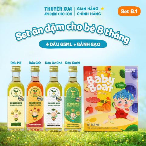 [SET ĂN DẶM 8M+] 4 Dầu: Mè - Gấc - Óc Chó - Sachi + 1 Bánh gạo vị Tổng Hợp
